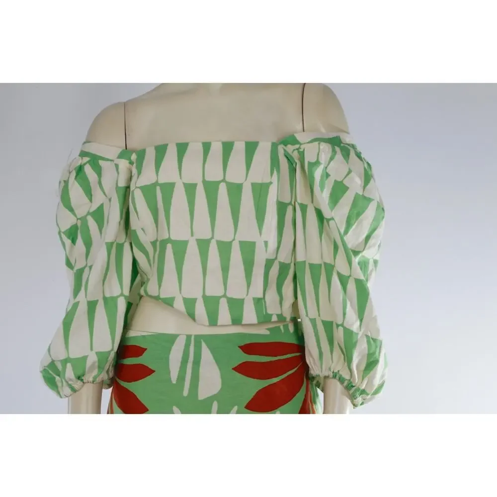 Maison D'Amelie 2pc Matching Set Green Abstract Print Crop Top & Midi Skirt Sz S